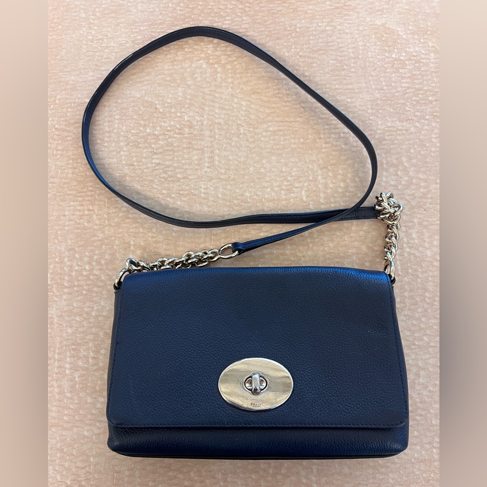 Classic Coach Navy Pebbled Leather Crossbody Bag with Gold Hardware